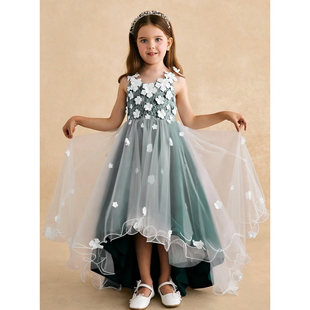 Azazie Celia Flower Girl Dress Size 5T Dark Green White Floral Wedding Formal